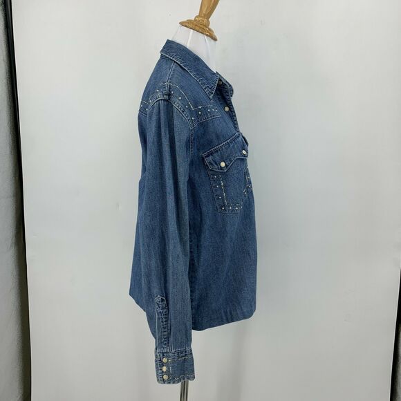 Vintage Levi's Pearl Snap Chambray Top Size M Studded Silver Streak Pockets - Picture 5 of 10